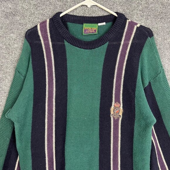 Vintage 80's Hunting Horn Men's Sweater Embroidered Crest Stripe geometric Size - Picture 2 of 7